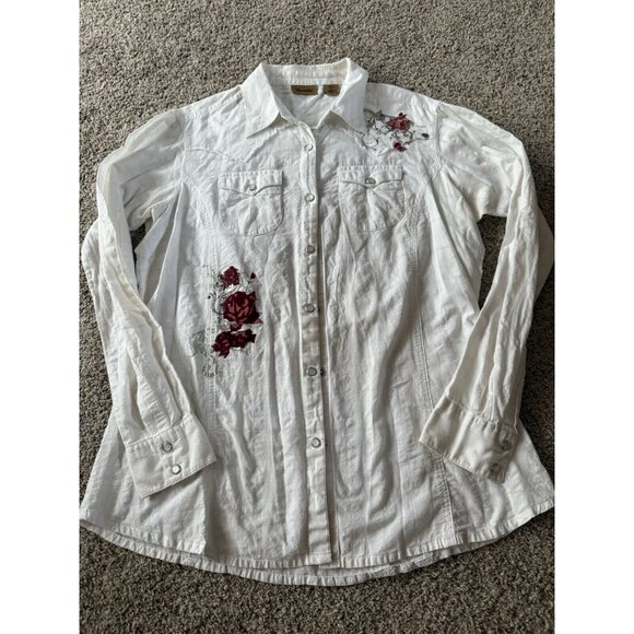 Wrangler Diamond Pearl Snap Western Shirt Wmn’s Lg White Embroidered Rose Print - Picture 1 of 7